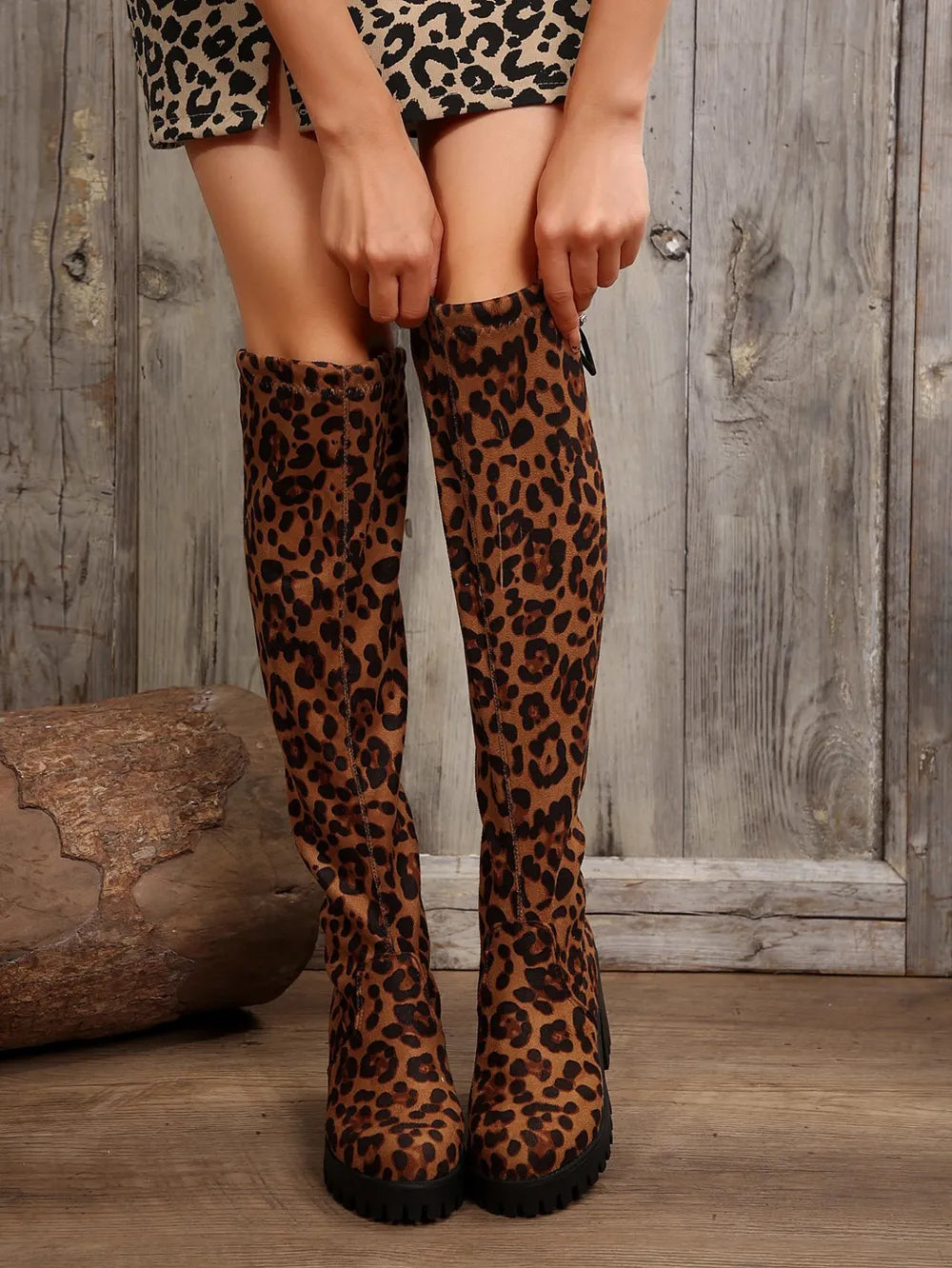 Leopard Round Toe Block Heel Boots | Boots Daverri Fashions