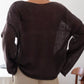 Dark brown boat neck dropped shoulder knit sweater with sheer mesh side panels