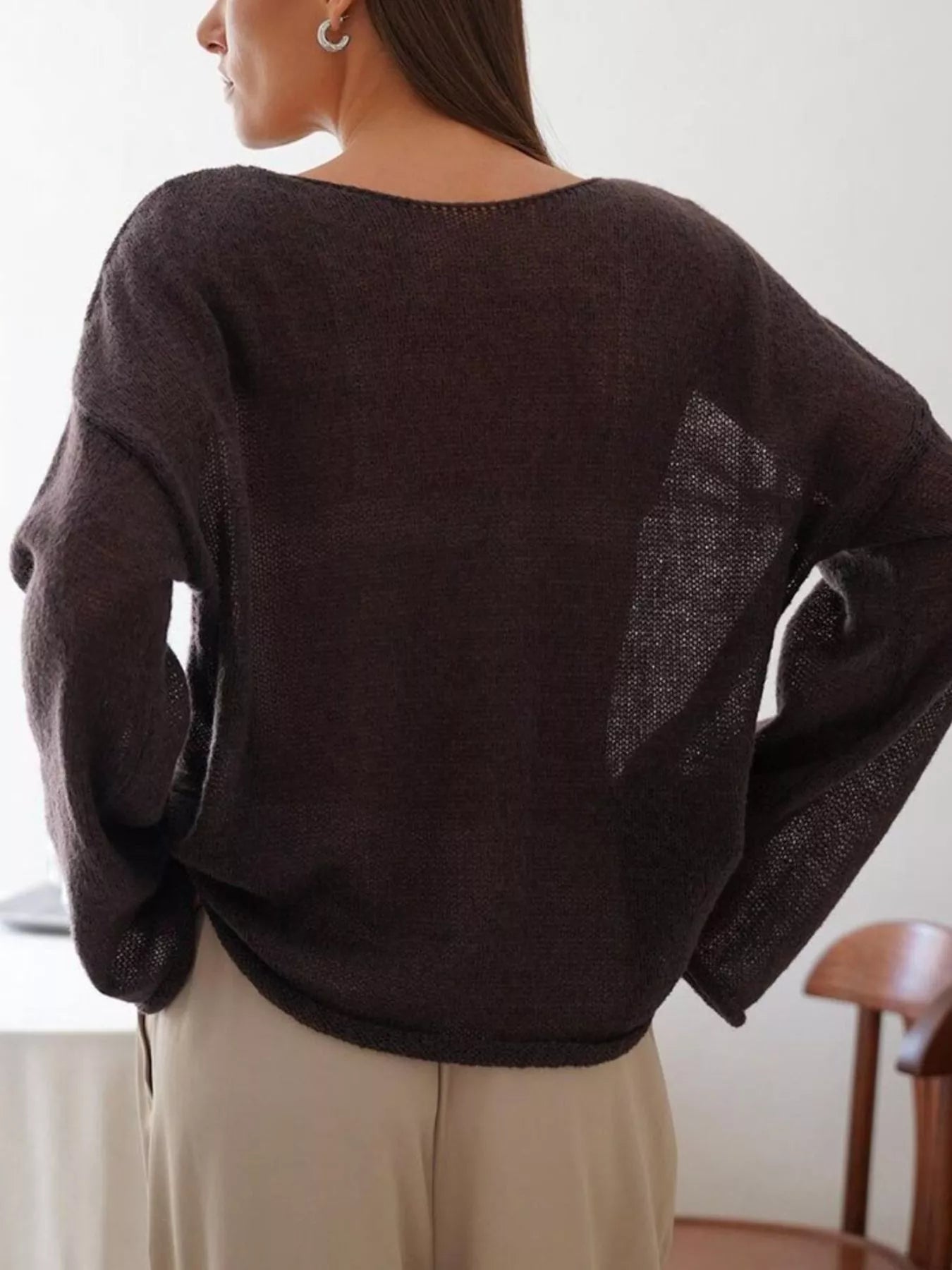 Dark brown boat neck dropped shoulder knit sweater with sheer mesh side panels