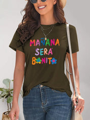 Olive green ruffled short-sleeve t-shirt with colorful lettering and floral accents