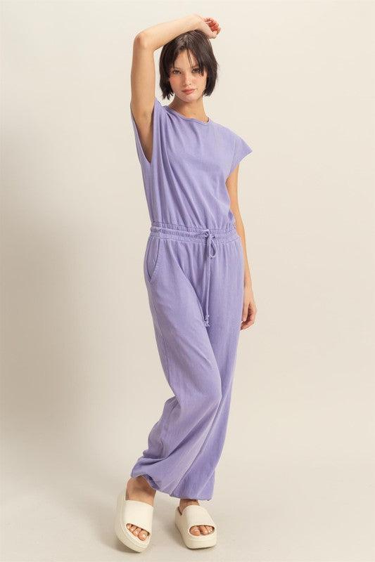 HYFVE Back Keyhole Round Neck Cap Sleeve Drawstring Jumpsuit Lavender Jumpsuits