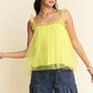 Vibrant lime green sheer tulle babydoll top with shirred ruffle straps by Davi & Dani