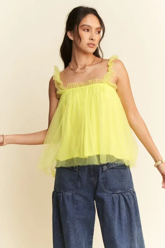 Vibrant lime green sheer tulle babydoll top with shirred ruffle straps by Davi & Dani