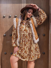 Plus Size Printed V-Neck Balloon Sleeve Mini Dress | Mini Dresses Daverri Fashions