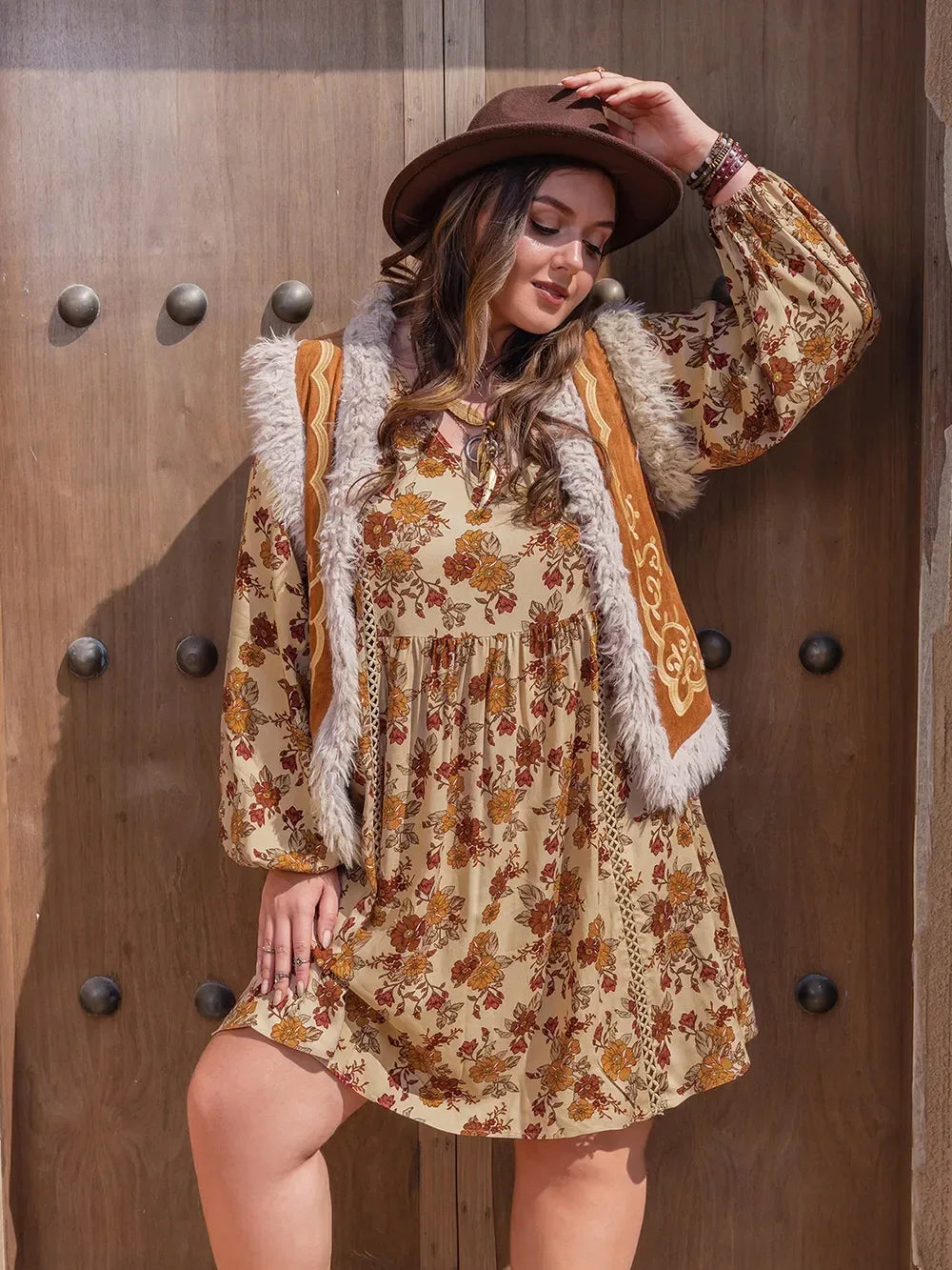 Plus Size Printed V-Neck Balloon Sleeve Mini Dress - DAVERRI FASHIONS