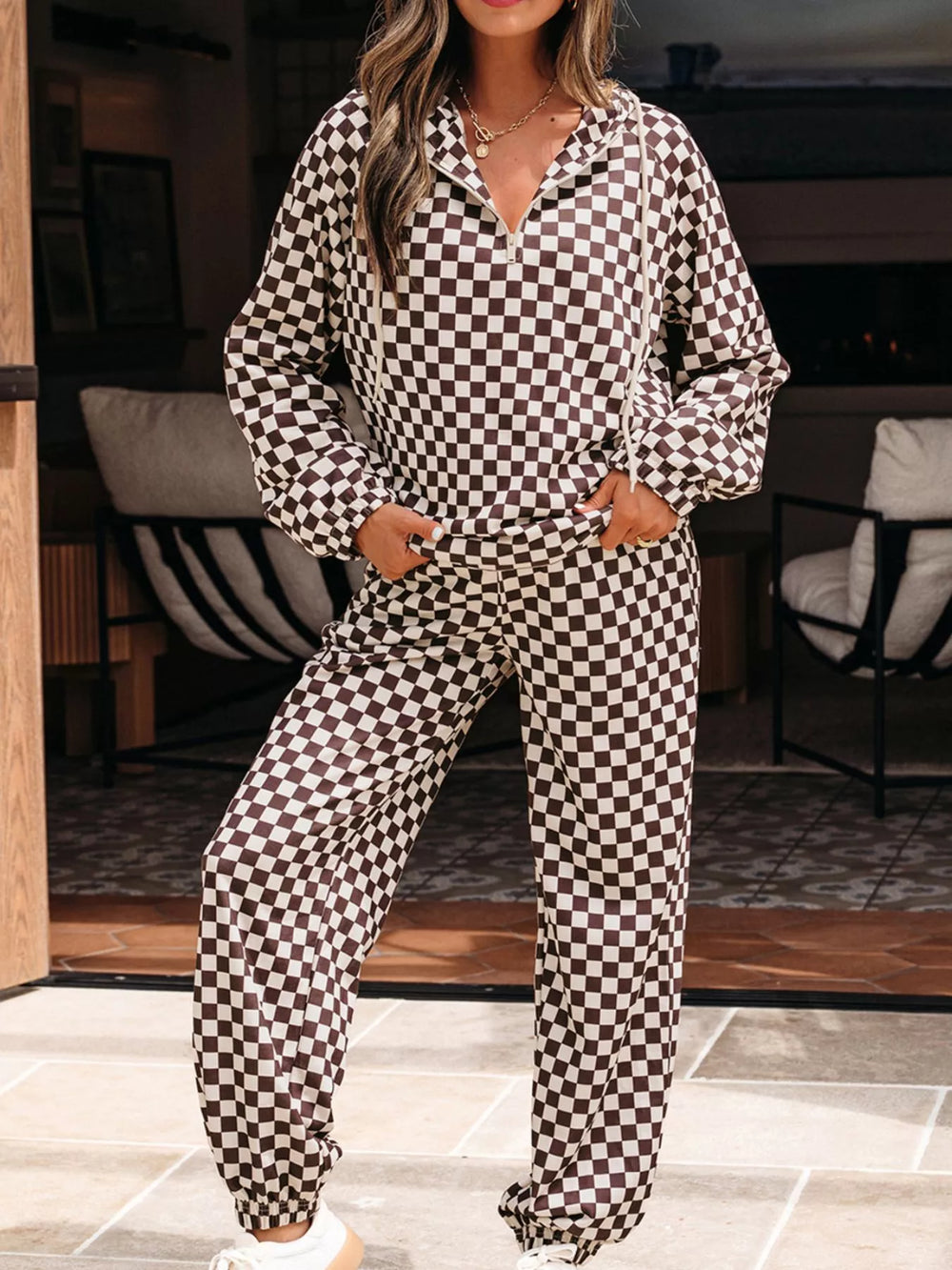 Plaid Checkered Drawstring Hoodie and Pants Set | Loungewear Sets Daverri Fashions