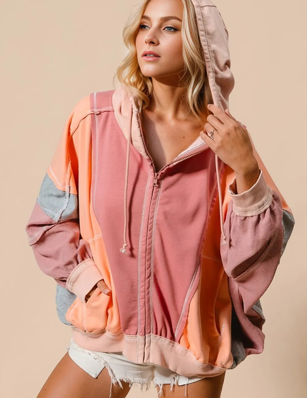 Burnt Coral Full Size Color Block Zip Up Hoodie | Hoodies Daverri Fashions