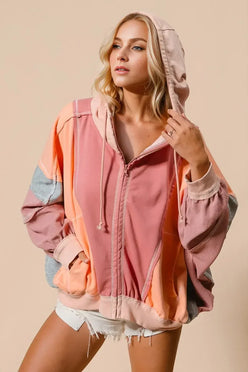 Full Size Color Block Zip Up Hoodie - DAVERRI FASHIONS