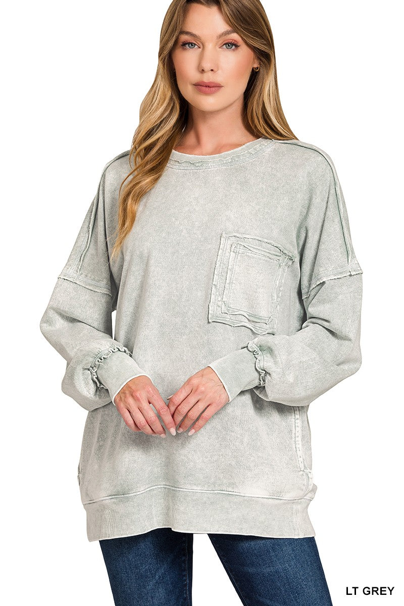 Zenana Halo light grey distressed sweatshirt with front pocket ruched cuffs