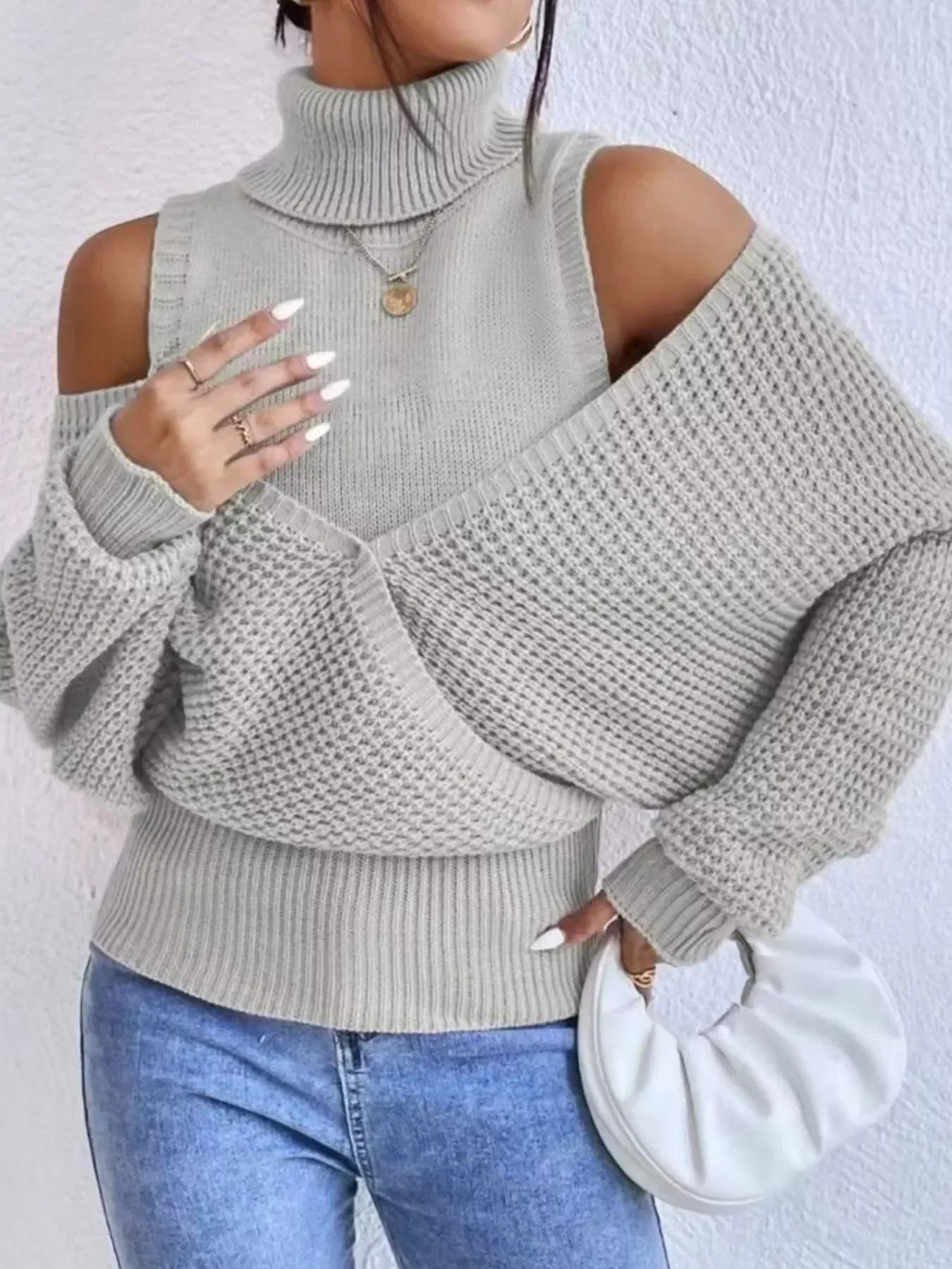 Waffle Knit Cold Shoulder Turtleneck Sweater - DAVERRI FASHIONS