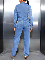 Distressed Long Sleeve Denim Jumpsuit | Jumpsuits Daverri Fashions