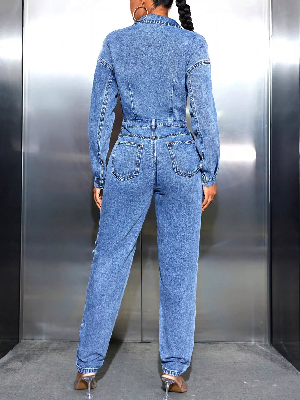 Distressed Long Sleeve Denim Jumpsuit | Jumpsuits Daverri Fashions