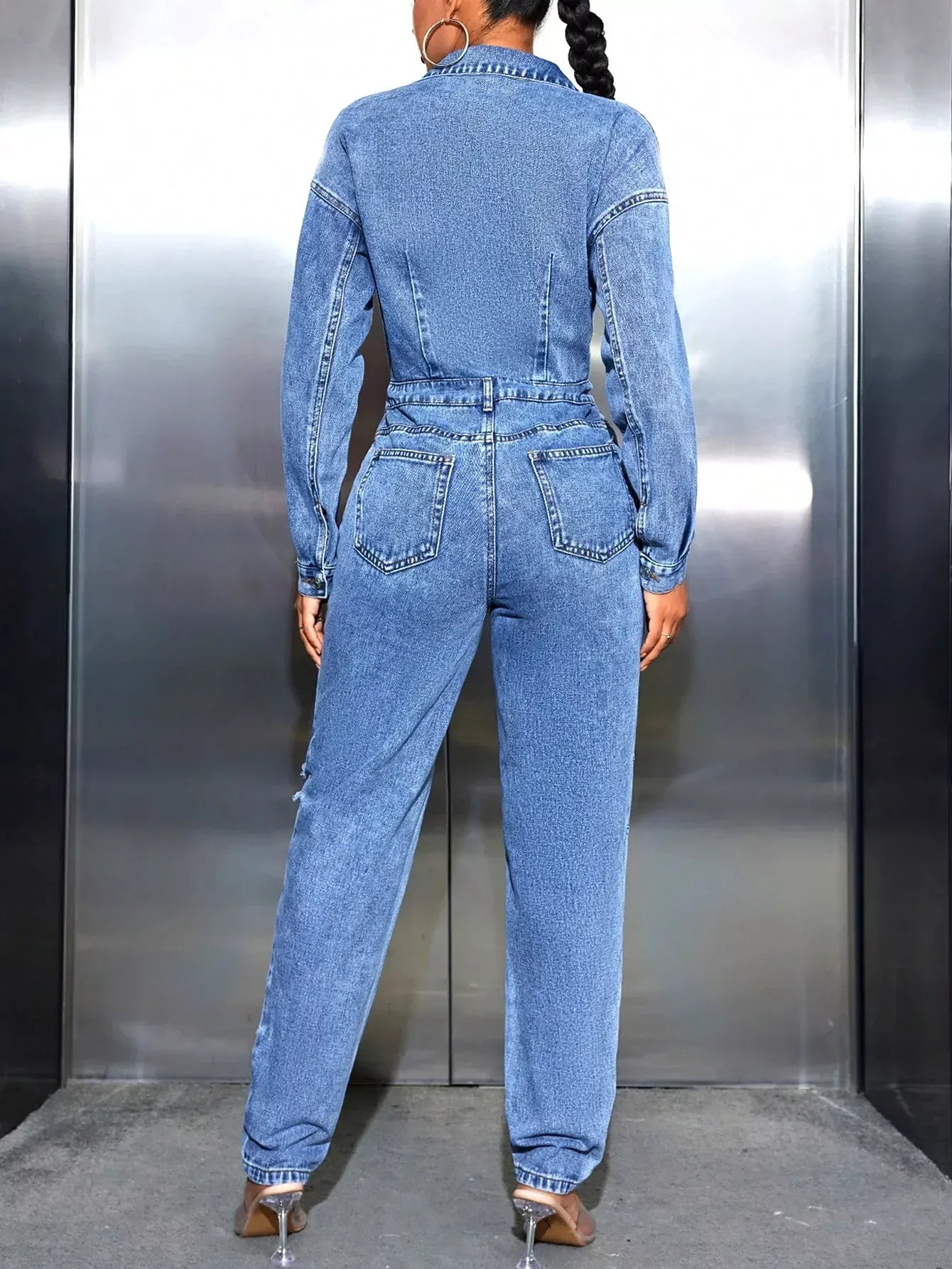 Distressed Long Sleeve Denim Jumpsuit - DAVERRI FASHIONS