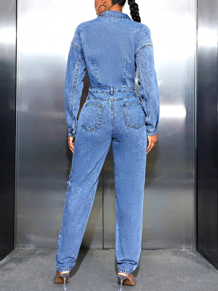 Distressed Long Sleeve Denim Jumpsuit | Jumpsuits Daverri Fashions