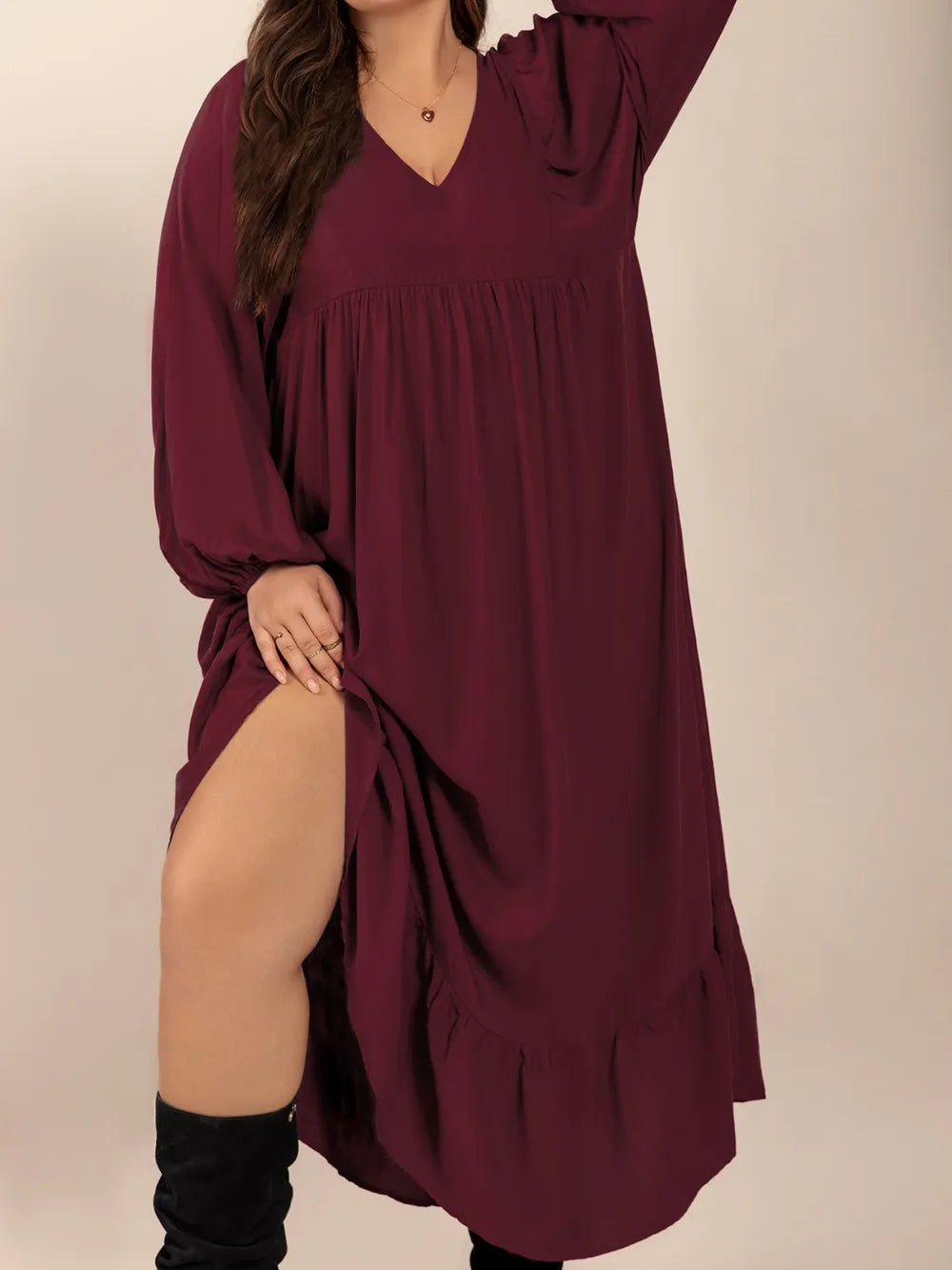 Plus Size Ruffled Hem V-Neck Balloon Sleeve Dress | Daverri Fashions