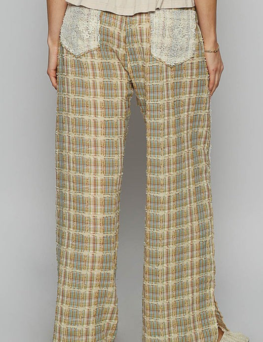 POL Lace Trim Drawstring Checkered Wide Leg Pants