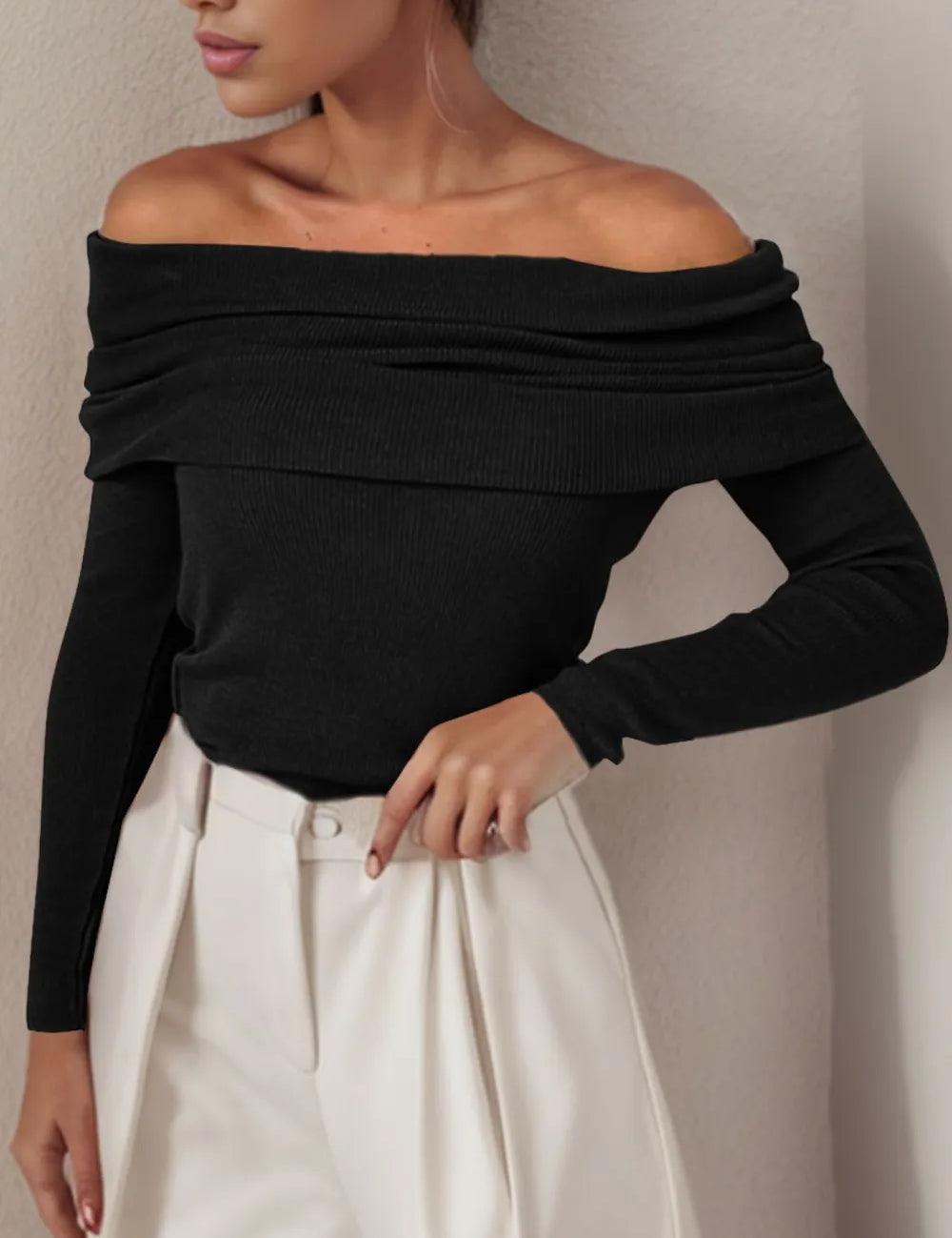 Black Off-Shoulder Long Sleeve Sweater | Sweaters Daverri Fashions