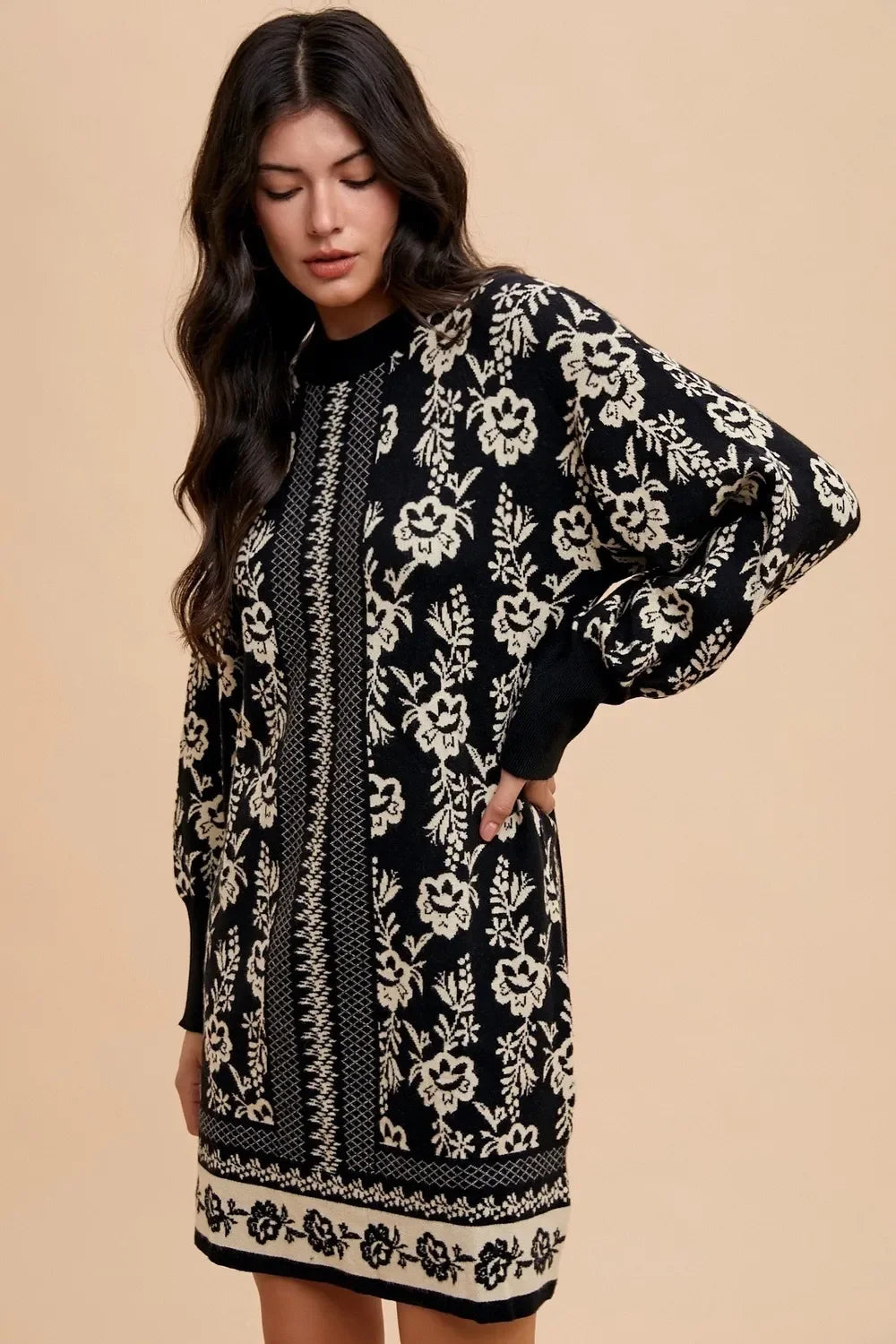 Black and white floral jacquard Annie Wear round neck sweater dress with oversized sleeves