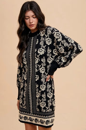 Black and white floral jacquard Annie Wear round neck sweater dress with oversized sleeves