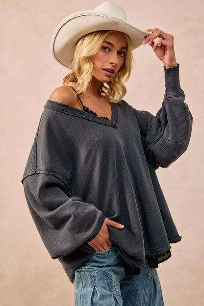 BiBi Mineral Washed French Terry Oversized Sweatshirt - DAVERRI FASHIONS