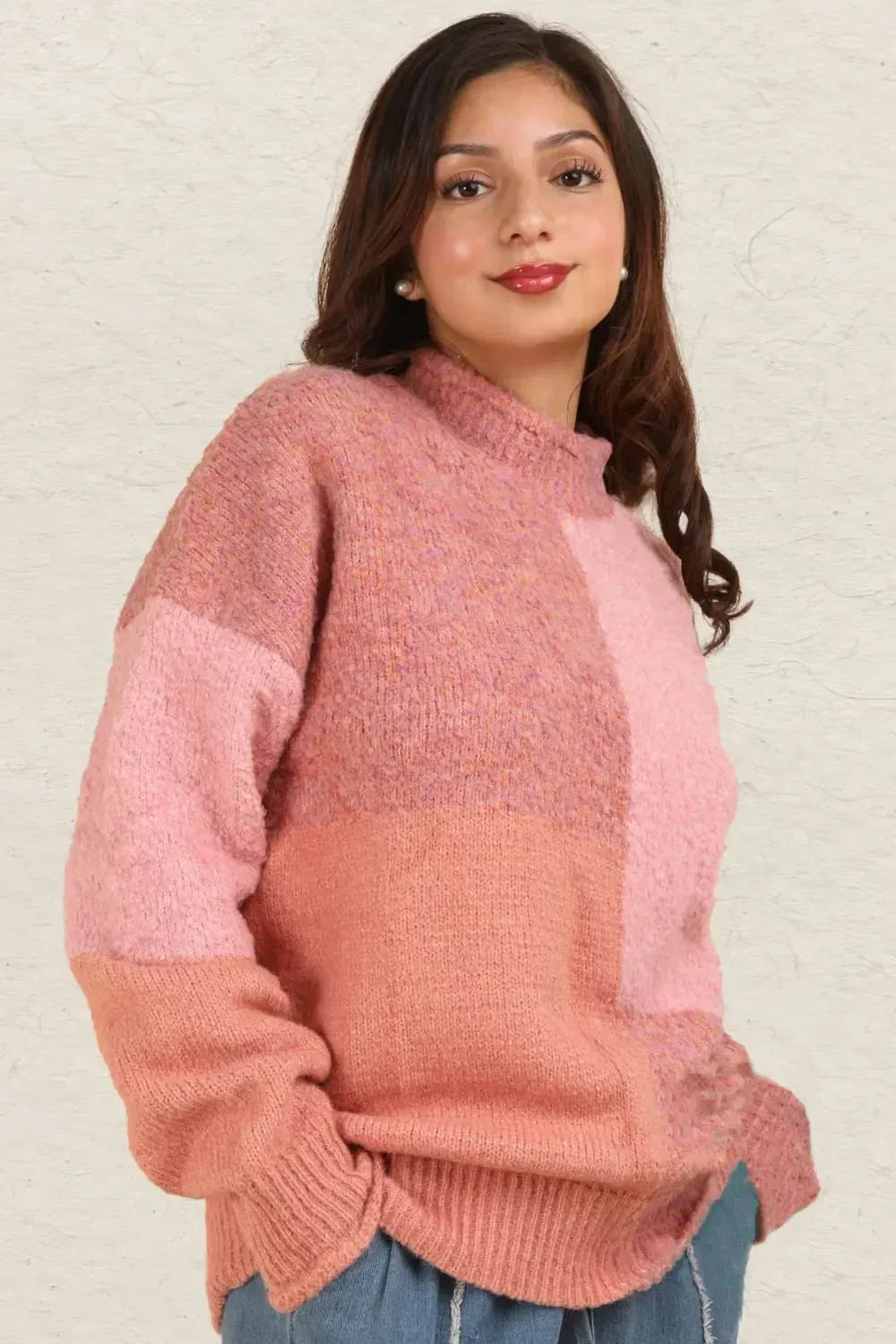 VERY J Color Block Mock Neck Drop Shoulder Sweater Pink - DAVERRI FASHIONS