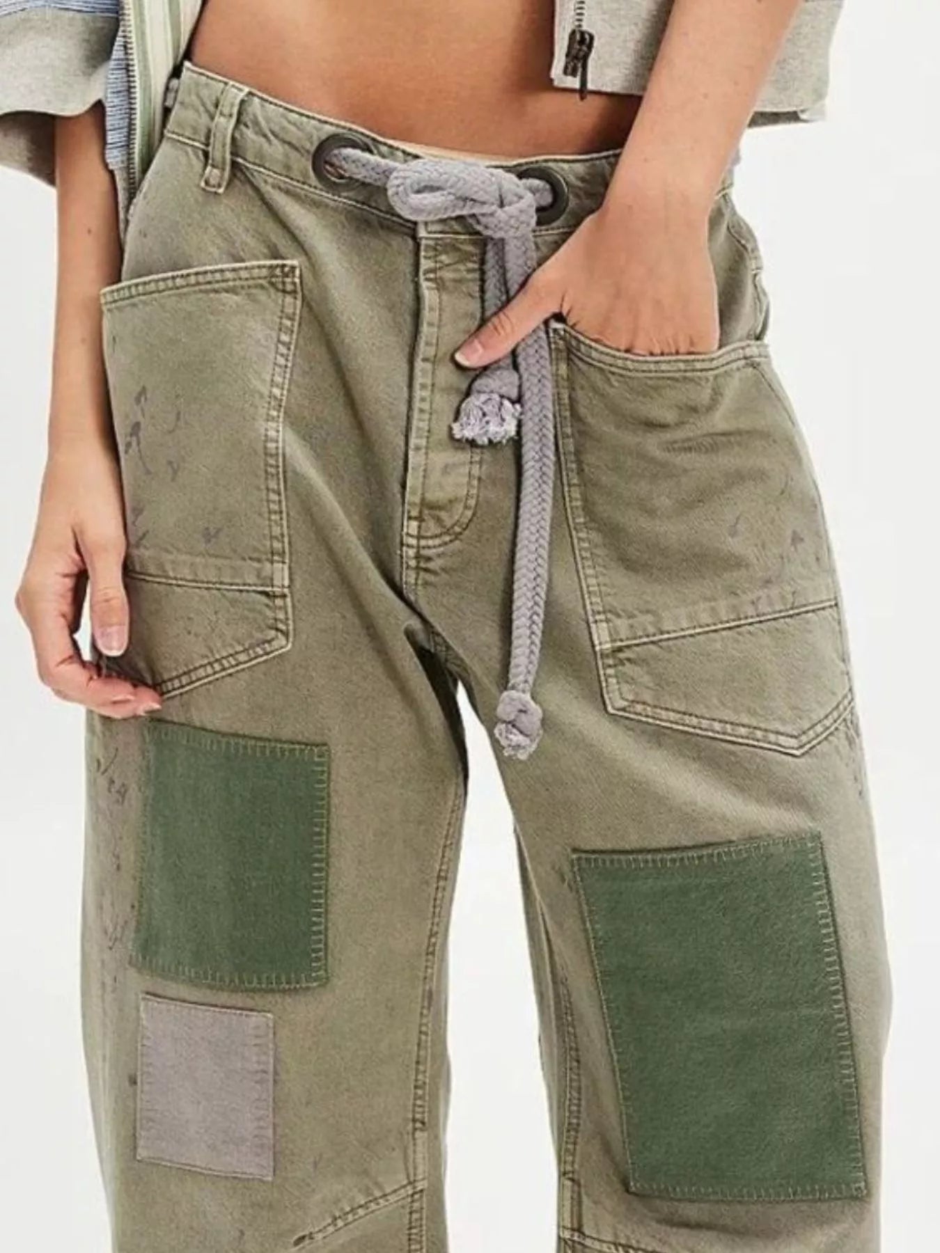 Daverri Washed Relaxed Fit Barrel Jeans in olive green patchwork denim with gray drawstring waistband
