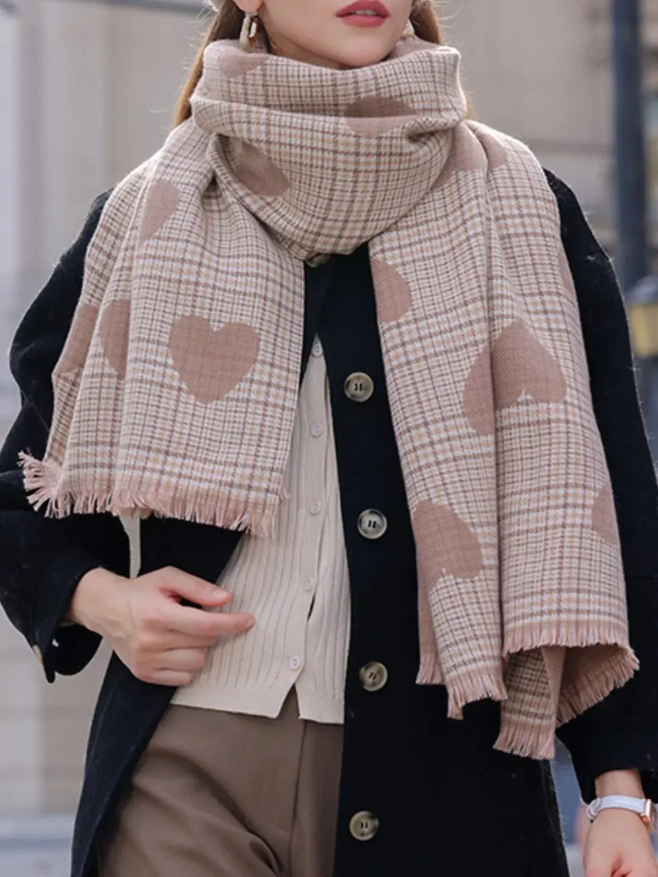 Heart Pattern Plaid Raw Hem Scarf - DAVERRI FASHIONS