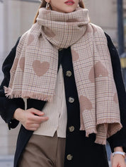 Heart Pattern Plaid Raw Hem Scarf - DAVERRI FASHIONS