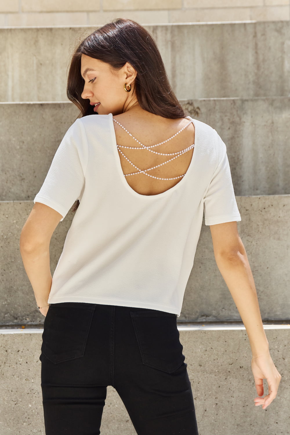 And The Why Pearly White Full Size Criss Cross Pearl Detail Open Back T-Shirt Off White T-Shirts