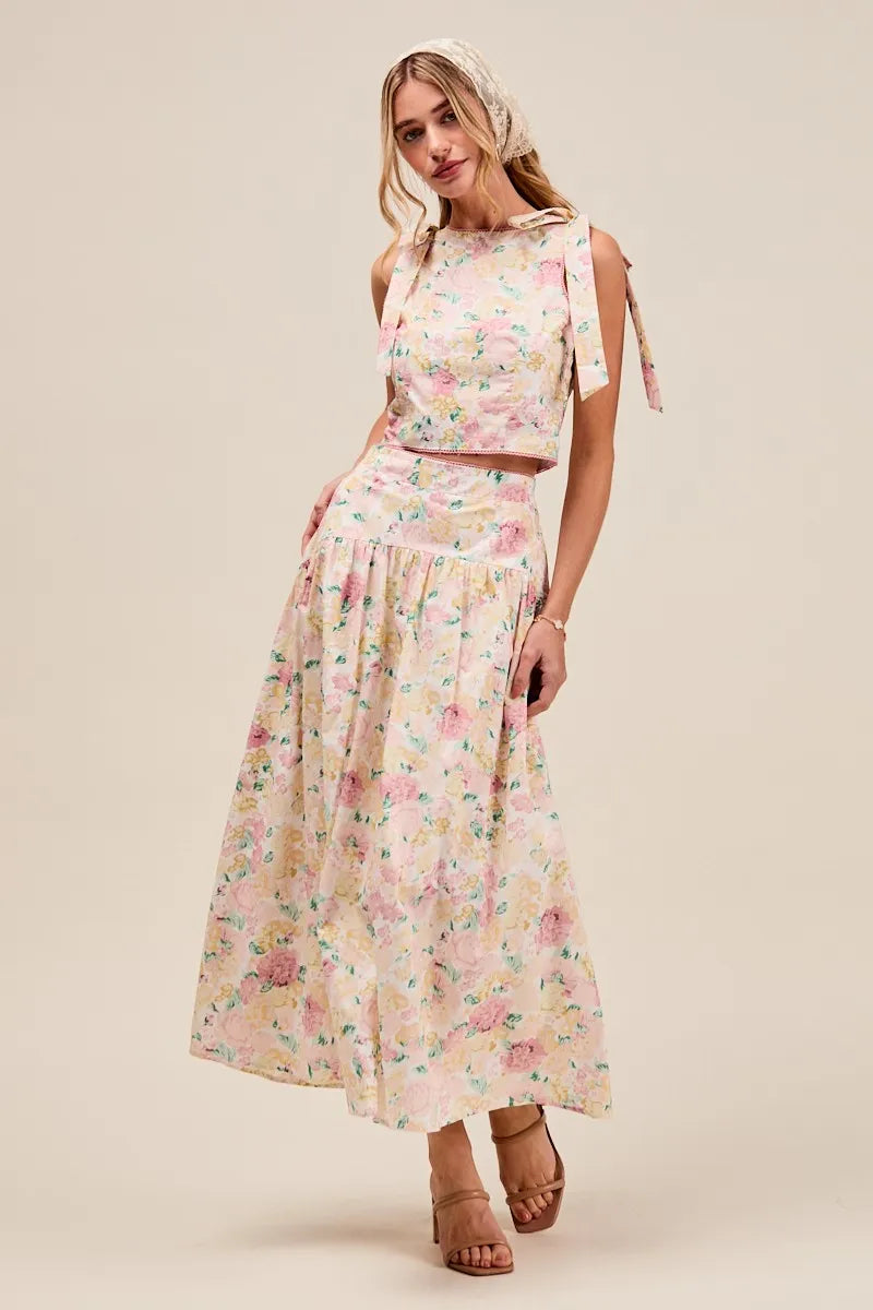 SO ME Floral Printed Woven Shoulder Bow Tie Top and Skirt Set Outfit Sets
