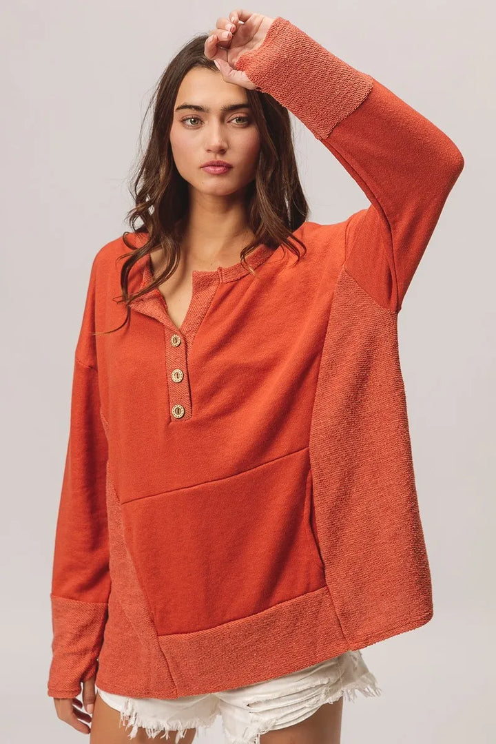 BiBi French Terry Knit Side Block Buttoned Henley Top | Knit Tops Daverri Fashions