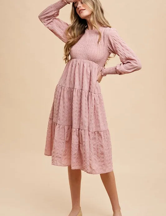 Annie Wear Textured Smocking Bodice Tiered Midi Dress | Daverri Fashions
