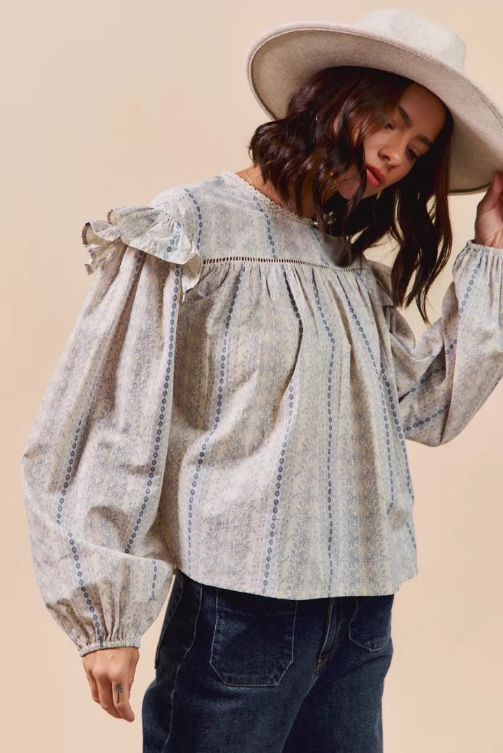 SO ME Floral Cotton Print Ruffled Long Sleeve Blouse | Daverri Fashions