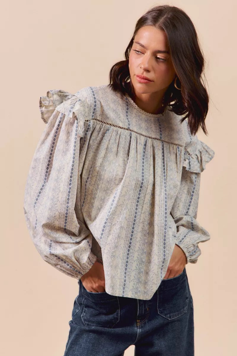 SO ME Floral Cotton Print Ruffled Long Sleeve Blouse | Daverri Fashions