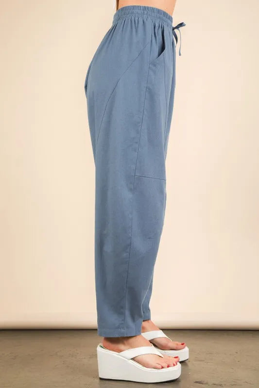 VERY J Denim Blue Solid Barrel Comfy Woven Pants Pants