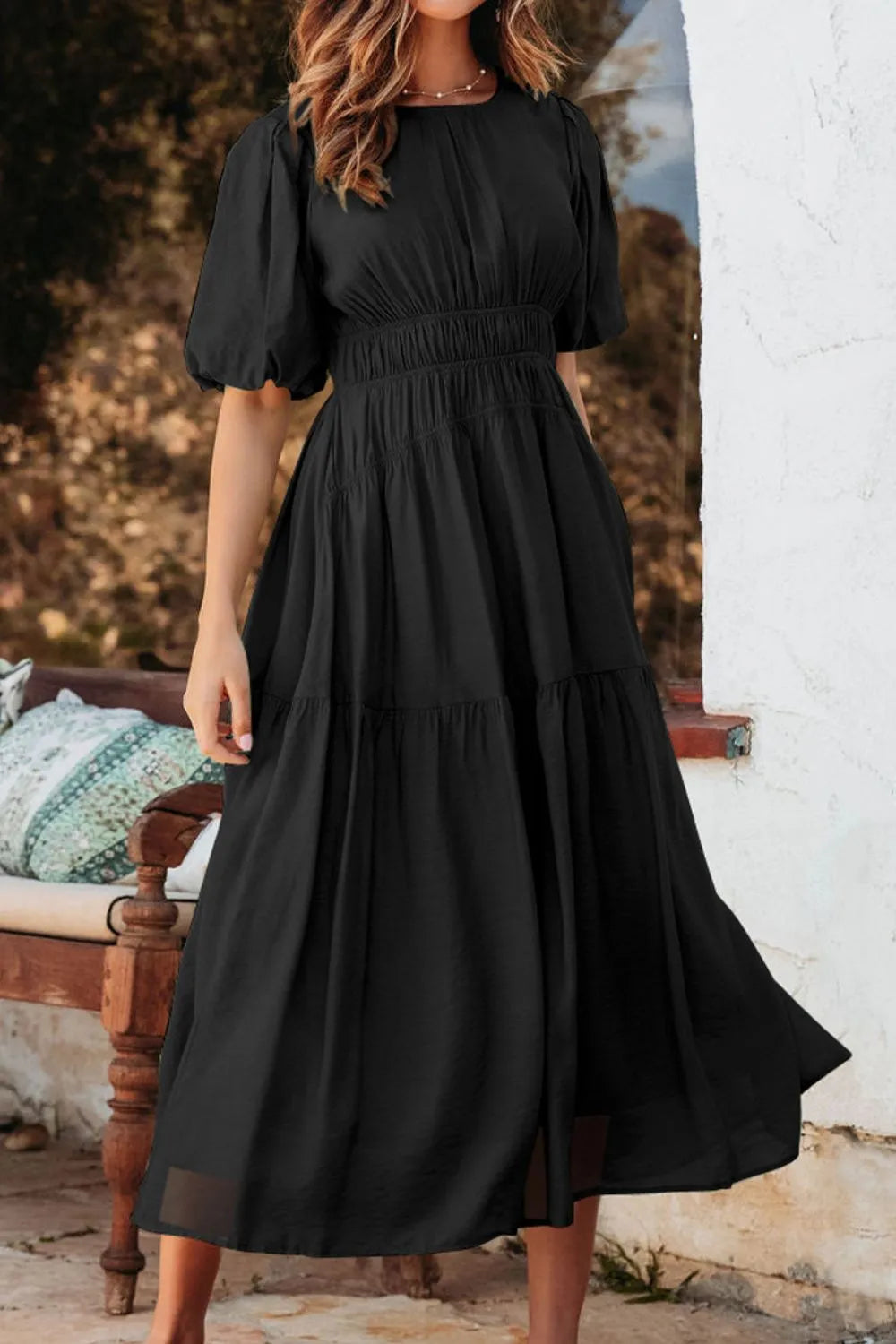 Black puff-sleeve pleated high-waist flowy midi dress