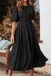 Black puff-sleeve pleated high-waist flowy midi dress