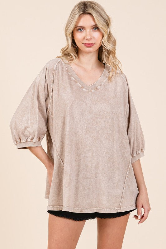 Mittoshop Mineral Wash V-Neck Raglan A-Line Relaxed Top