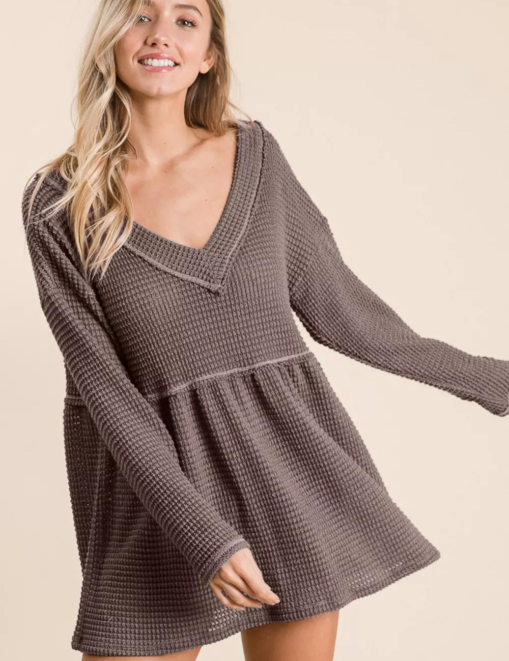 BiBi Waffle Knit V-Neck Babydoll Blouse | Daverri Fashions