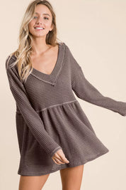 BiBi Waffle Knit V-Neck Babydoll Blouse | Daverri Fashions