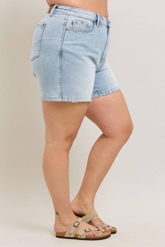 Judy Blue Full Size Frayed Hem High Rise Denim Shorts with Pockets Plus Size Denim Shorts