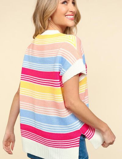 Haptics Striped Side Slit Short Sleeve Knit Top