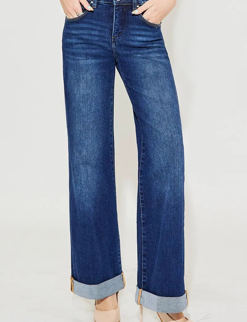 DARK 1XL RISEN Full Size Tummy Control High Rise Wide Leg Cuffed Jeans Plus Size | Jeans Daverri Fashions