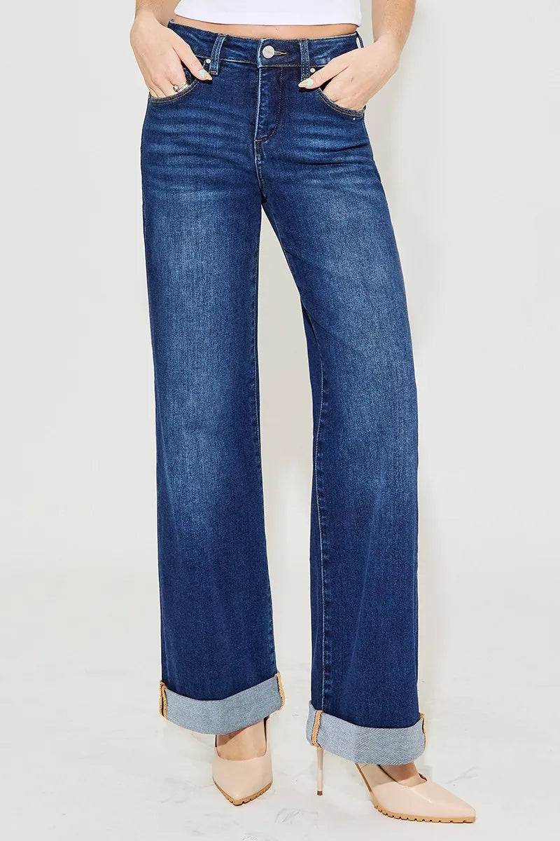 RISEN Full Size Tummy Control High Rise Wide Leg Cuffed Jeans Plus Size DARK Jeans