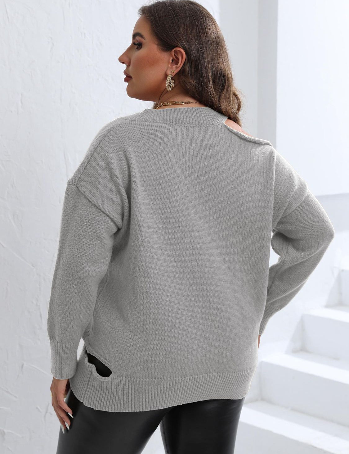 Plus size grey V-neck sweater with black sleeve cutout