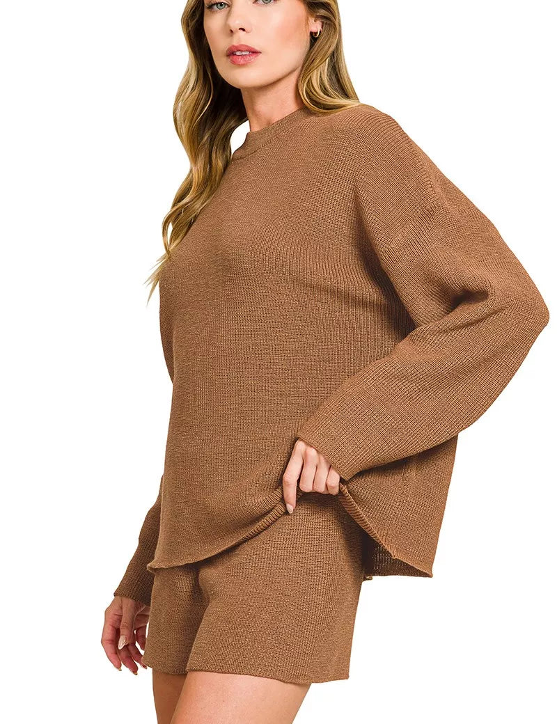 Zenana Round Neck Knit Top and Shorts Sweater Set | Daverri Fashions