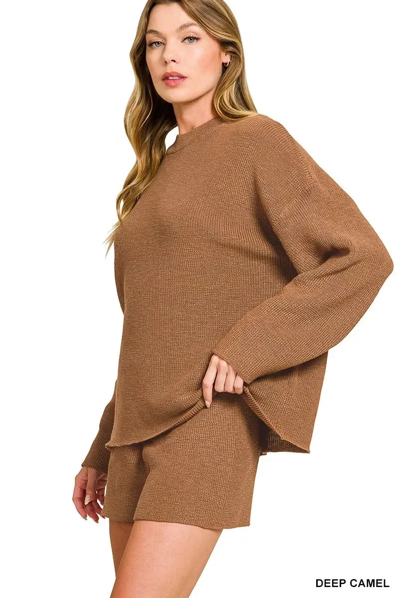 Zenana Round Neck Knit Top and Shorts Sweater Set - DAVERRI FASHIONS