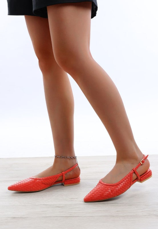 Bright orange woven leather slingback sandals with low heel