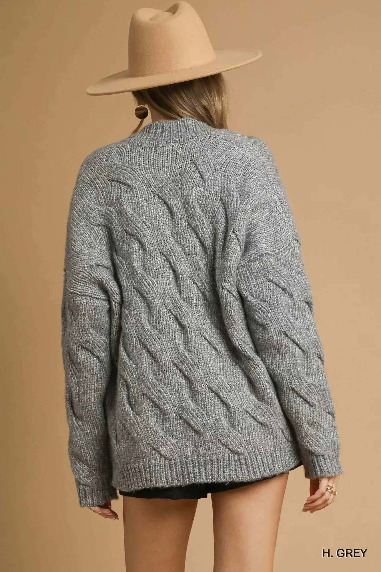 Umgee Chunky Cable Knit Open Front Cardigan Grey - DAVERRI FASHIONS