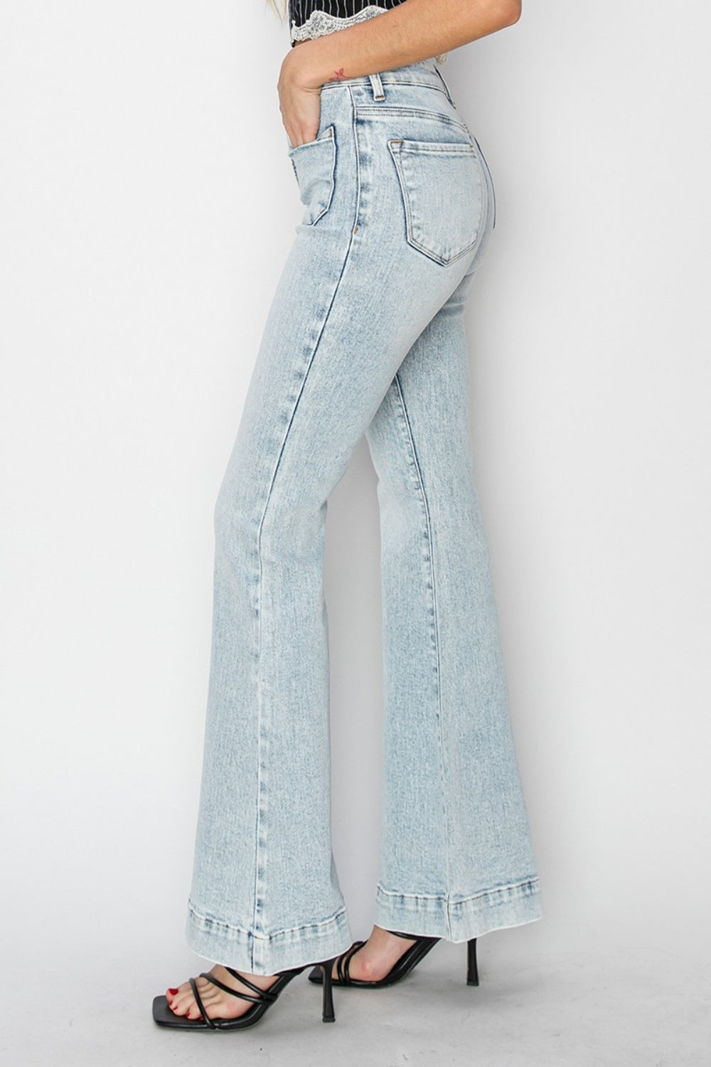 High Rise Front Patch Pocket Flare Jeans Bottoms